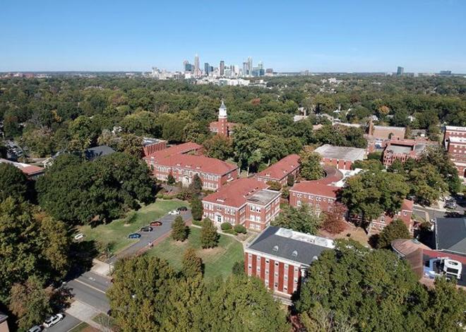 Aerial view of campus and Uptown